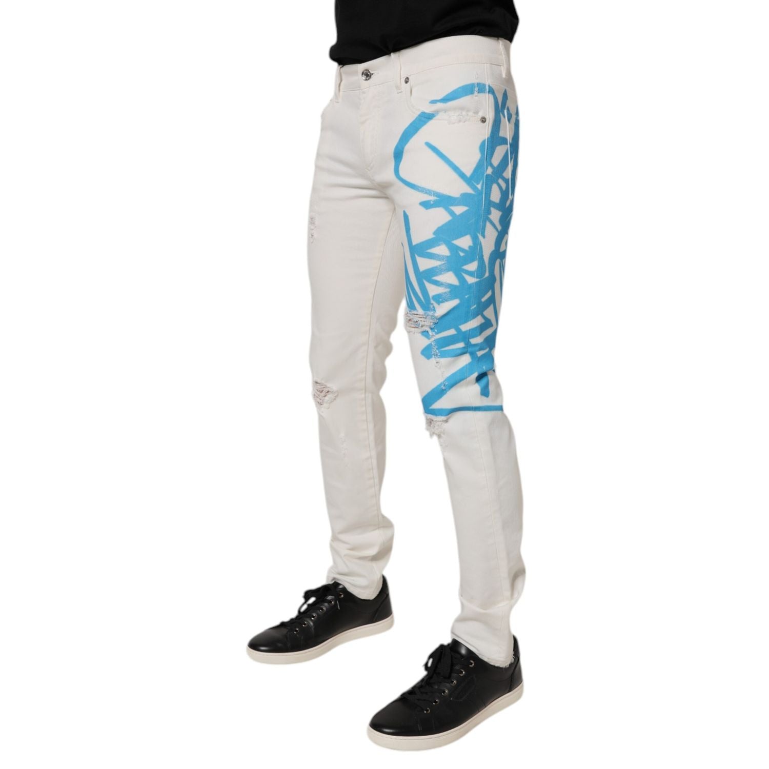 Dolce & Gabbana White Tattered Graffiti Skinny Denim Jeans