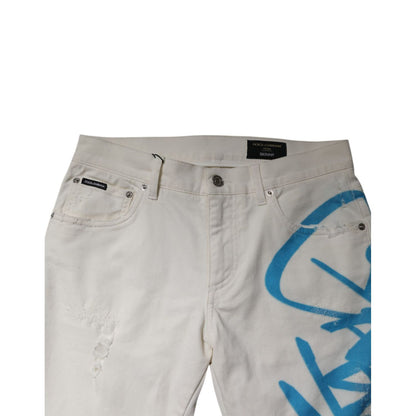 Dolce & Gabbana White Tattered Graffiti Skinny Denim Jeans