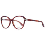 Guess Brown Women Glasses Frame, full-rim acetate design, round style, spring hinge, includes branded case, size 55-16-140, demo lenses.