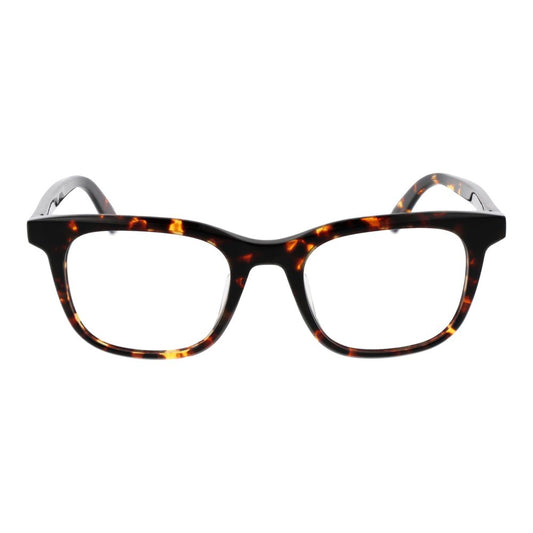 Guess Brown Men Glasses Frame in acetate with full-rim square design, brown color, demo plastic lenses, includes branded case, no spring hinge.
