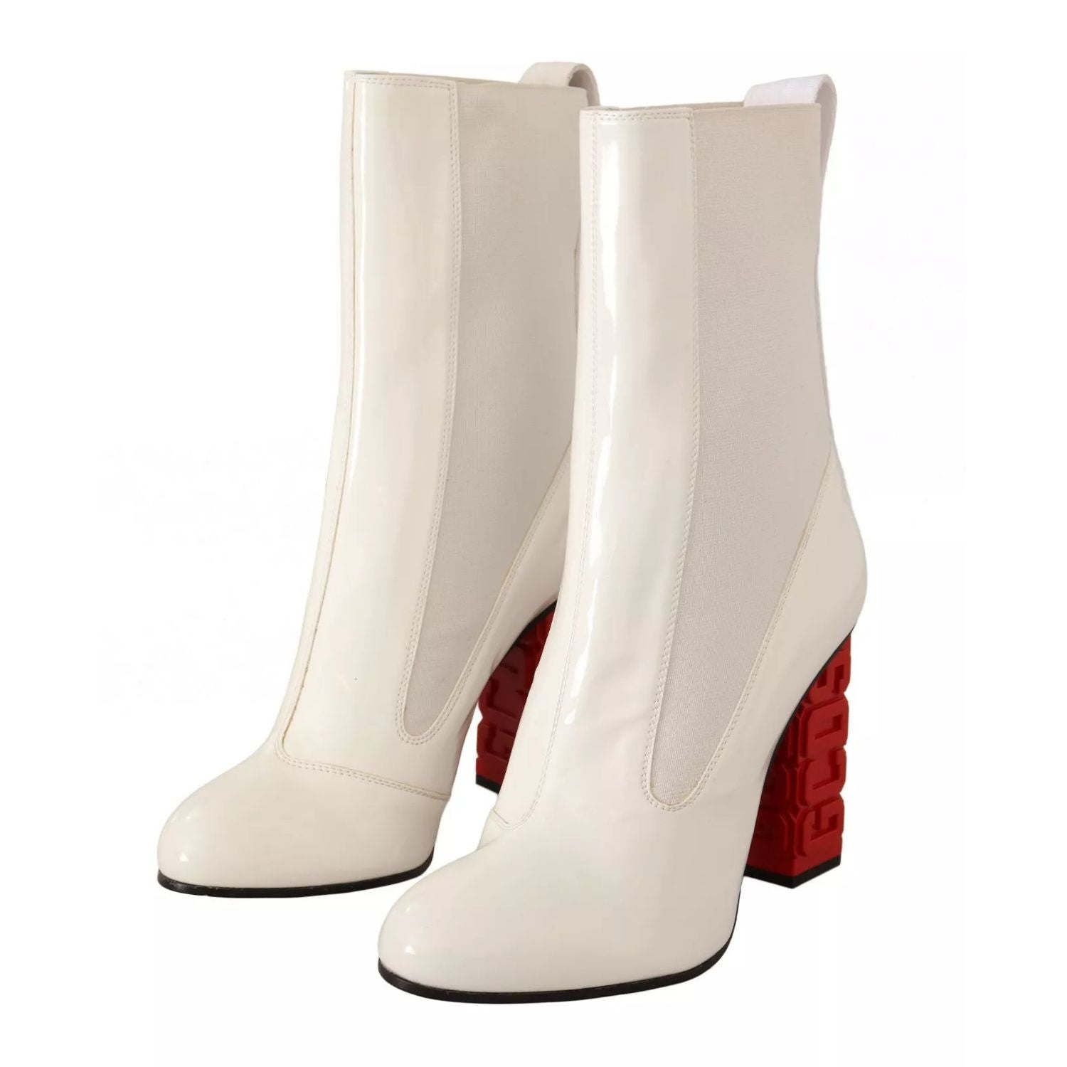 GCDS White Leather Fabric Red Logo Heel Ankle Boots Shoes