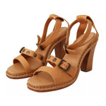 See By Chloé Brown Leather Studded Ankle Strap Sandals Shoes