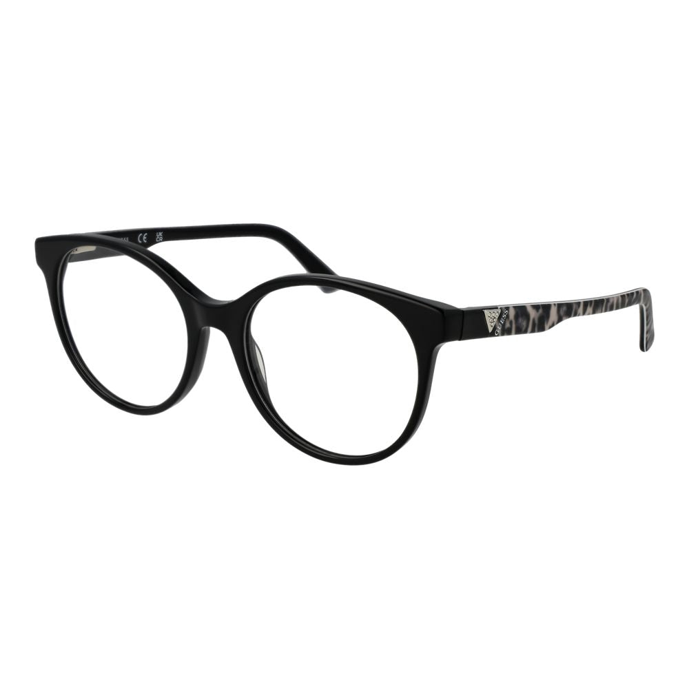 Guess Black Women Glasses Frame, full-rim round acetate design, 55-18-140 size with black frame and demo lenses, includes branded case.