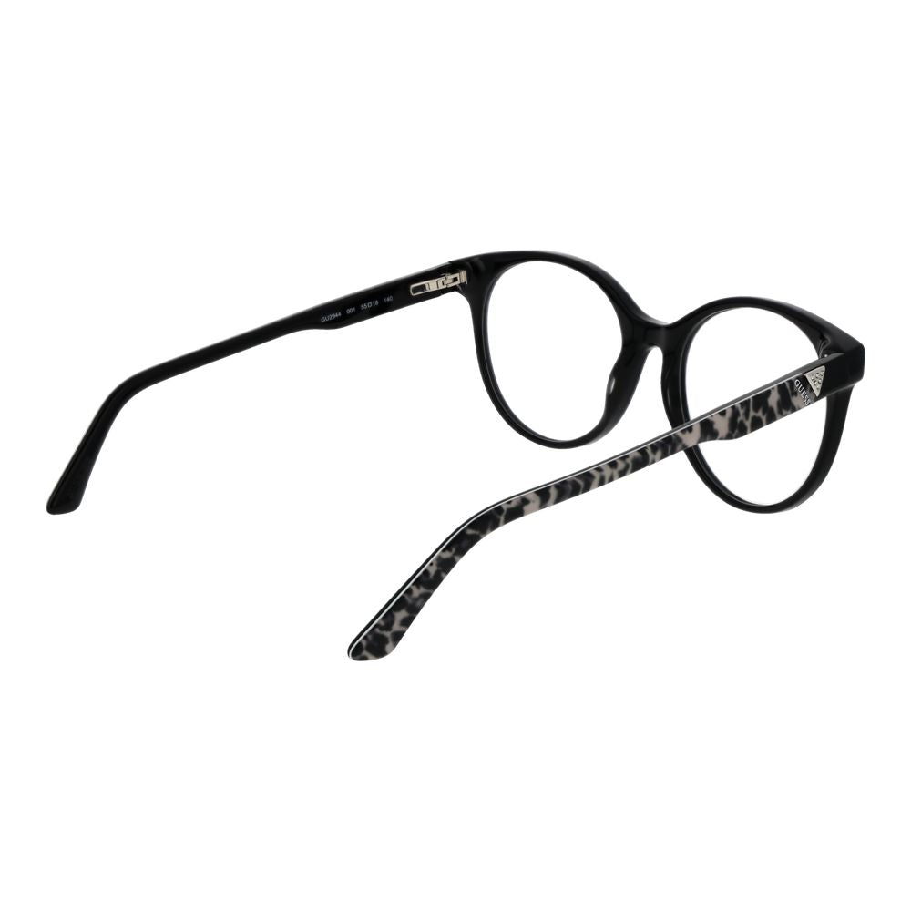 Guess Black Women Glasses Frame in acetate with round full-rim style, demo lenses, and branded case included.