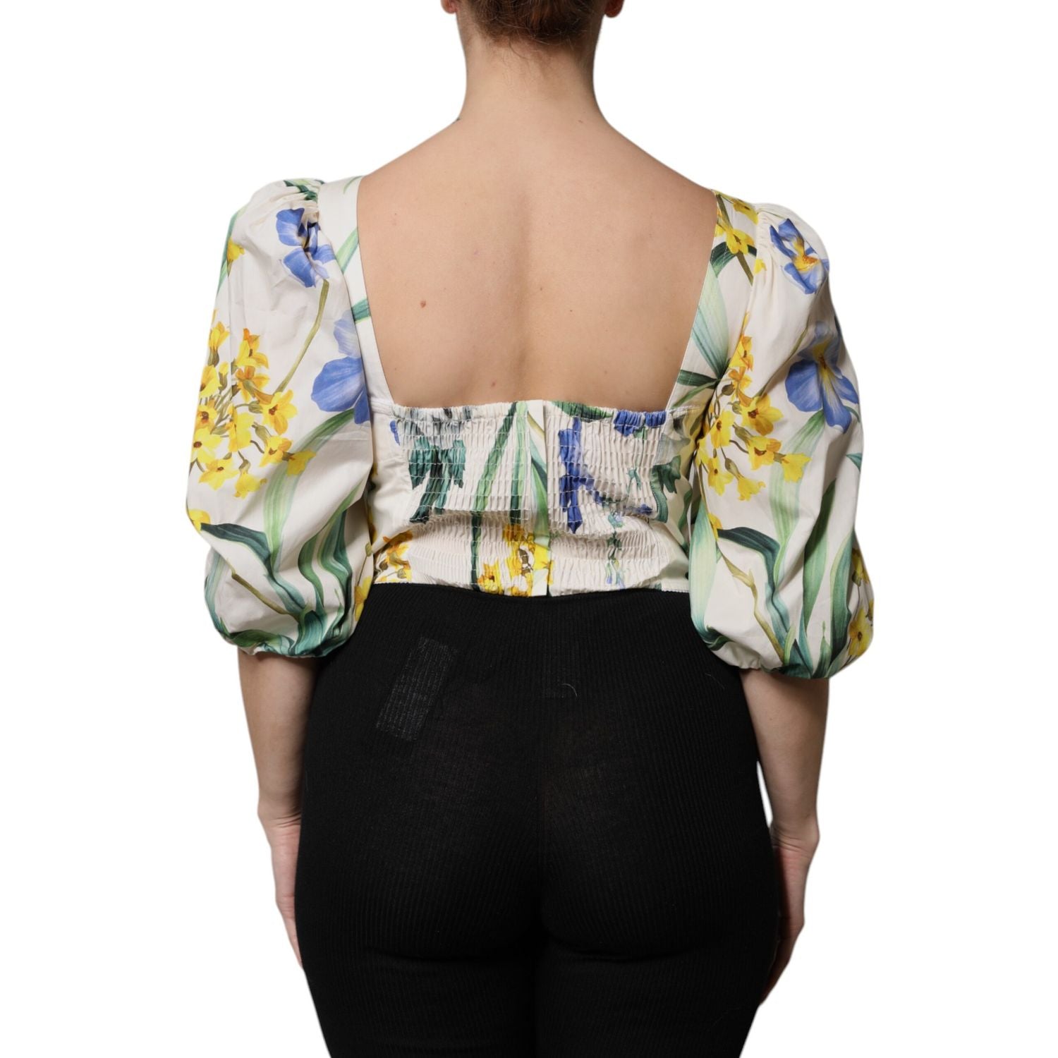 Dolce & Gabbana White Floral Puff Sleeves Crop Blouse Top