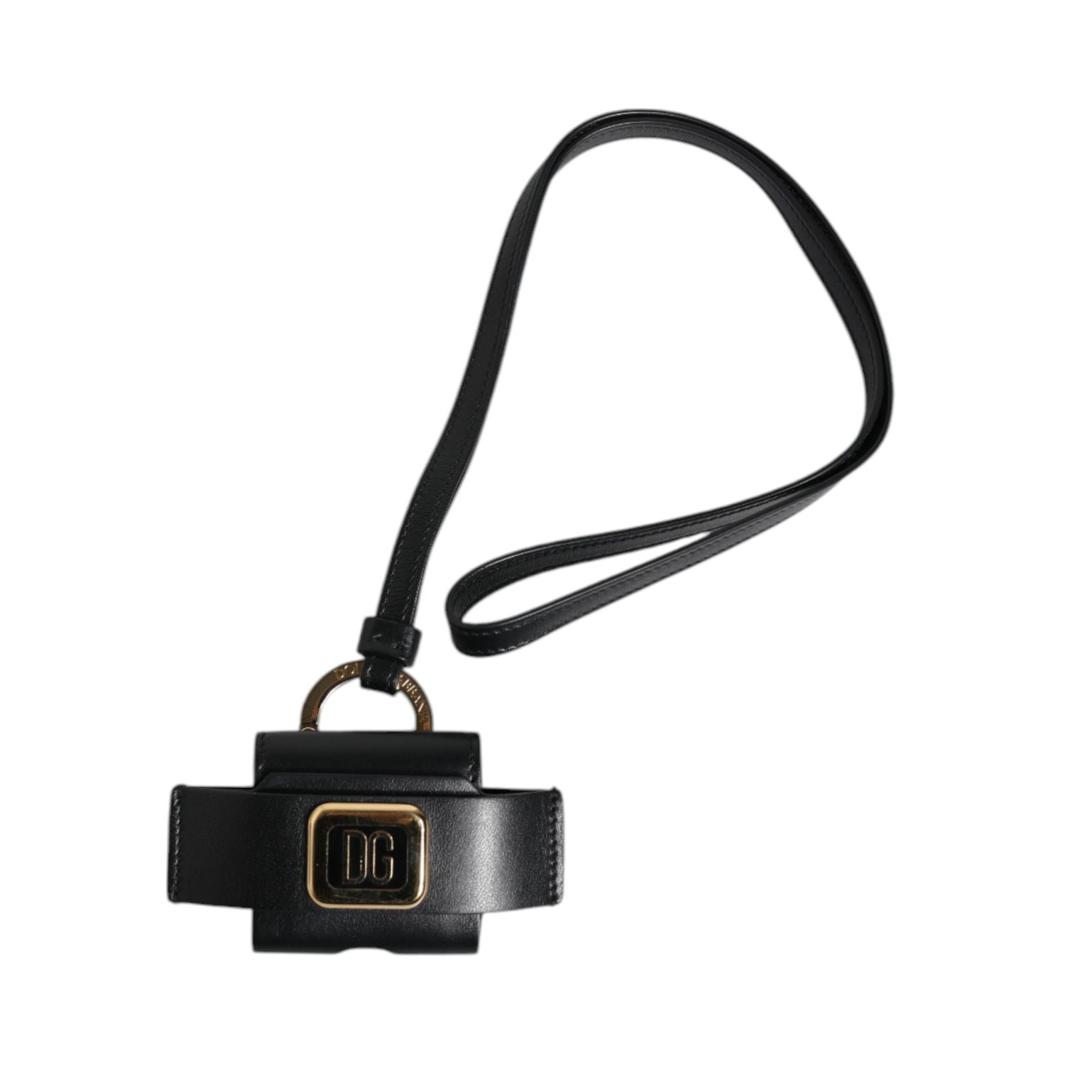 Dolce & Gabbana Black Leather Strap Gold Metal Logo Plaque Airpods Case