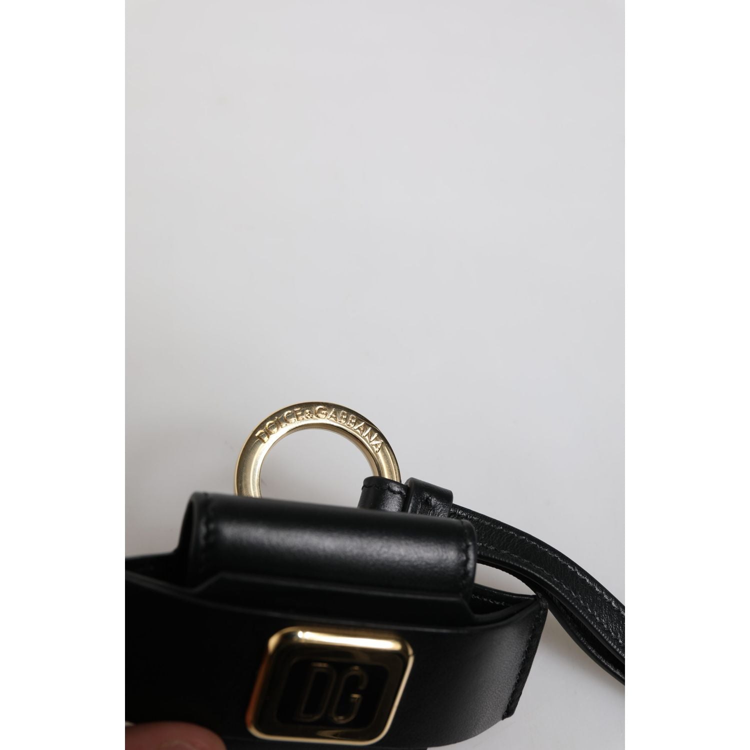 Dolce & Gabbana Black Leather Strap Gold Metal Logo Plaque Airpods Case
