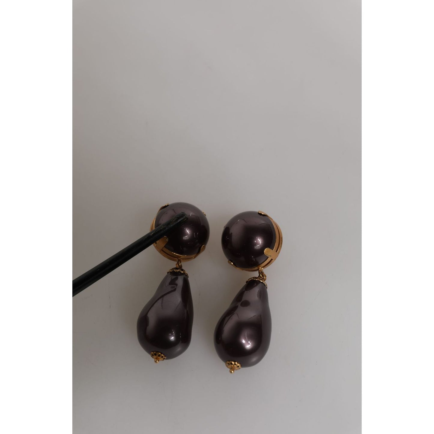 Dolce & Gabbana Gold Brass Black Pearl Clip On Dangling Jewelry Earrings