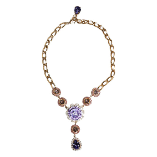 Dolce & Gabbana Gold Brass Floral Crystals Pearl Embellished Necklace
