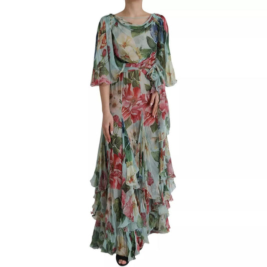 Dolce & Gabbana Blue Floral Print Tiered Long Maxi Dress