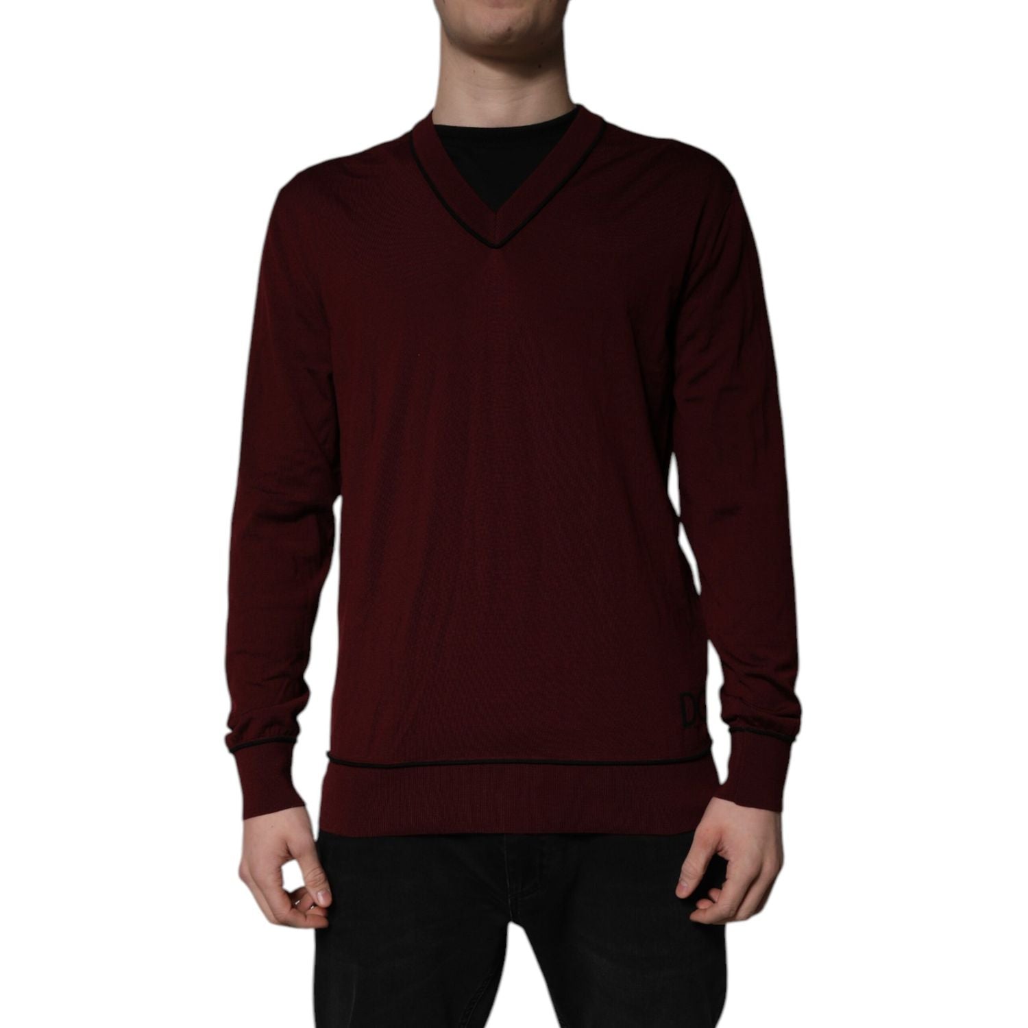 Dolce & Gabbana Maroon Cashmere V-neck Men Pullover Sweater