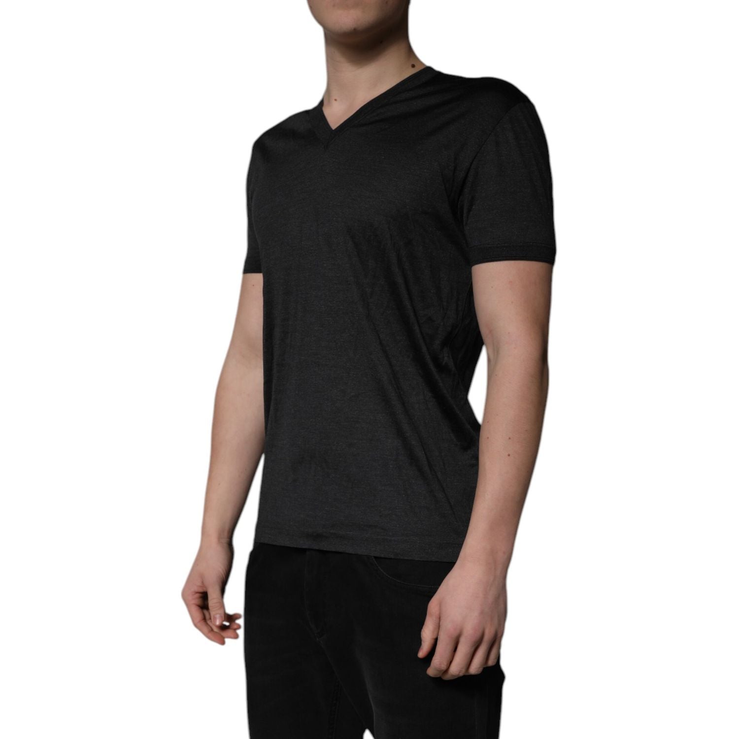 Dolce & Gabbana Dark Gray Silk V-neck Short Sleeves T-shirt