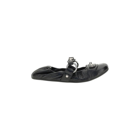 Balenciaga City Ballerina in black Arena lambskin, featuring silver buckle studs and rounded toe, offering elegance and modern style.