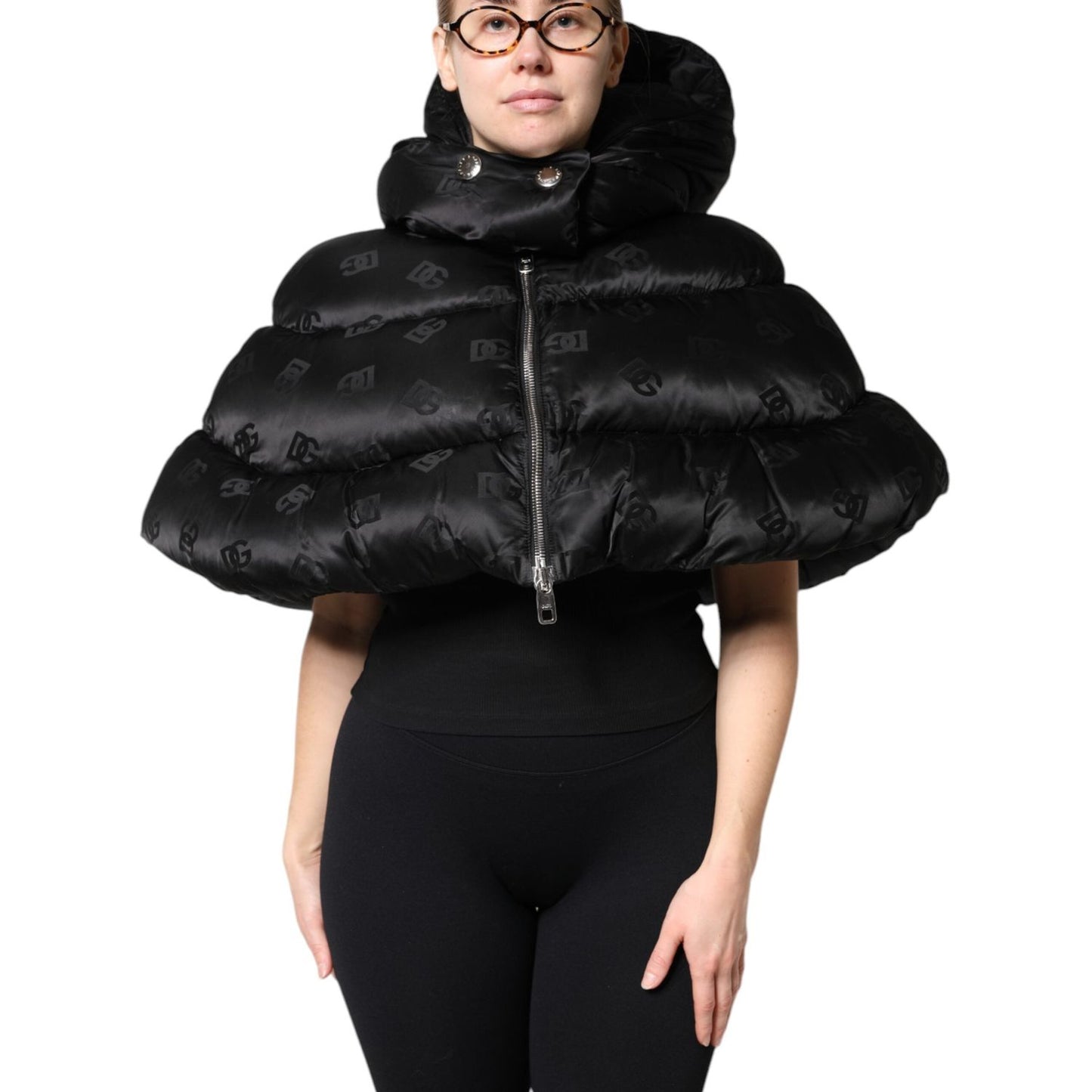 Dolce & Gabbana Black Padded Puffer Hooded Full Zip Cropped Jacket