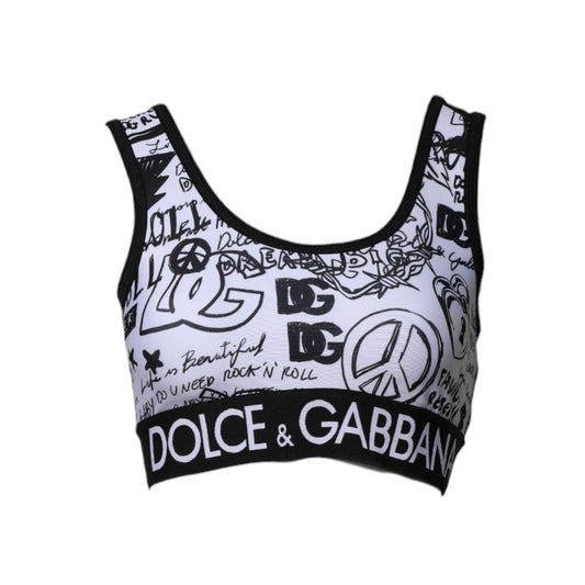 Dolce & Gabbana White Graffiti Print Logo Band Sports Bra Top