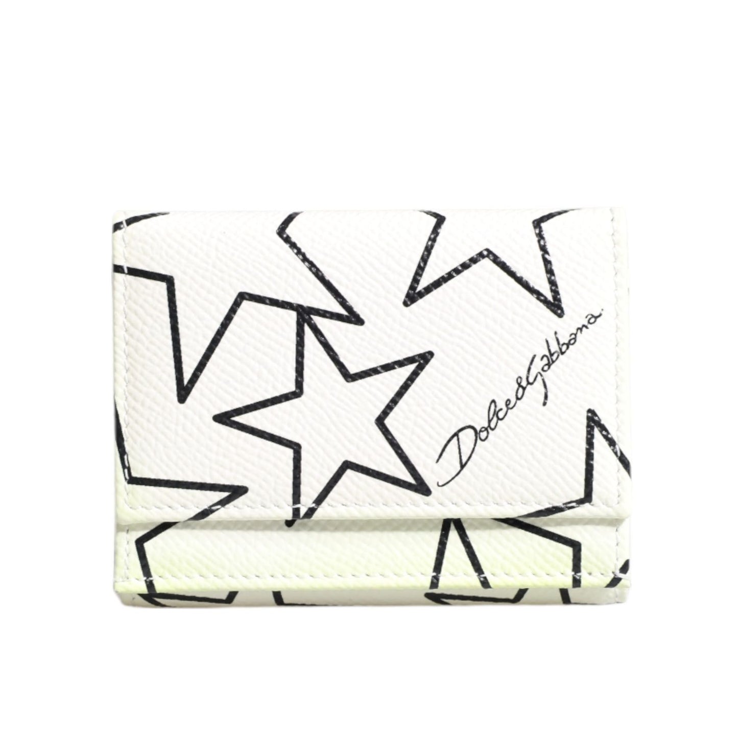 Dolce & Gabbana White Leather Trifold DG Star Print Card Holder Wallet