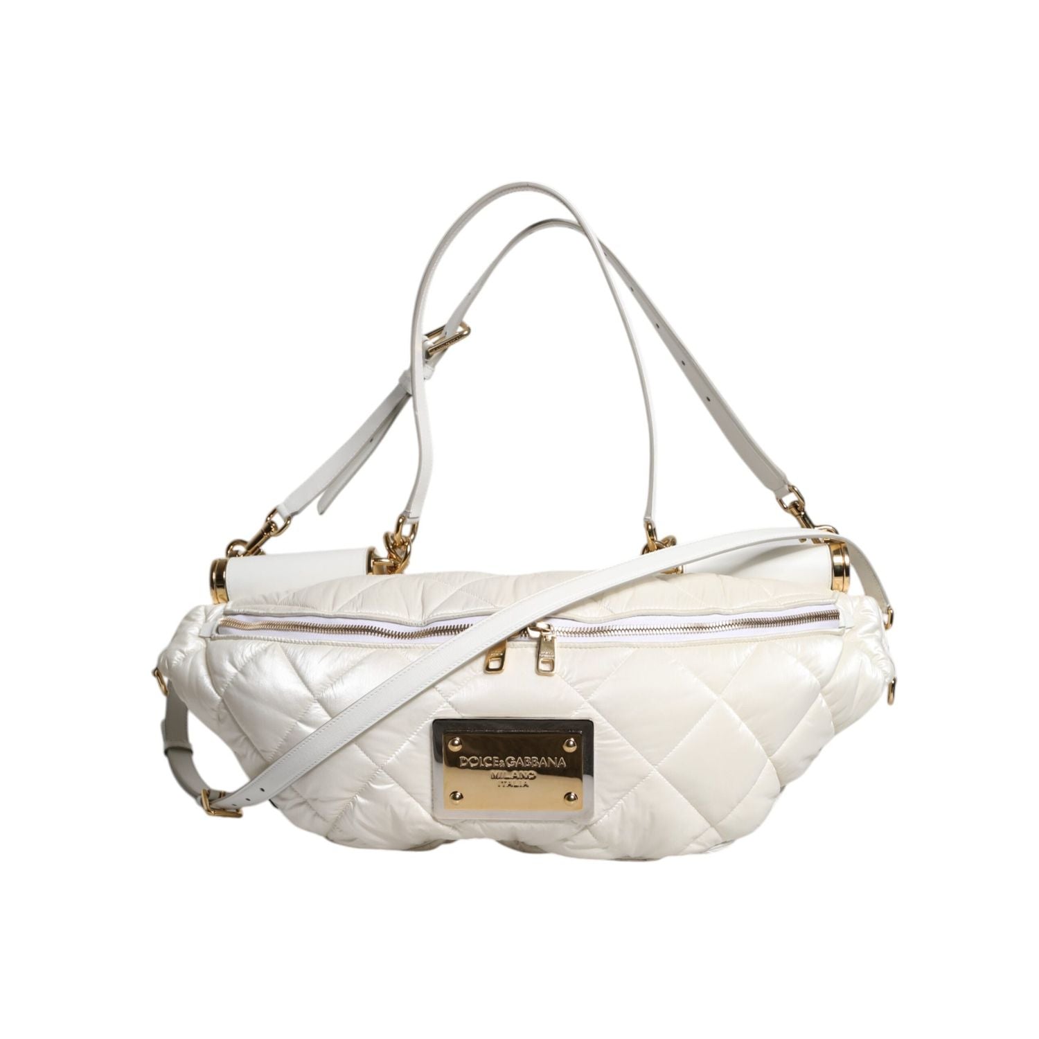 Dolce & Gabbana White Quilted Logo Plaque Belt Waist Fanny Pack Bag