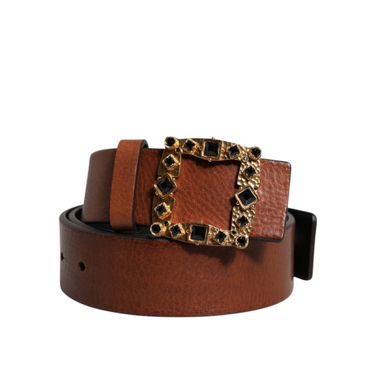 Dolce & Gabbana Brown Leather Gold Crystal Buckle Belt