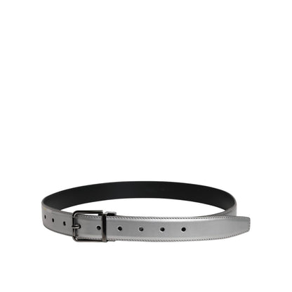 Dolce & Gabbana Silver Leather Classic Metal Logo Buckle Belt