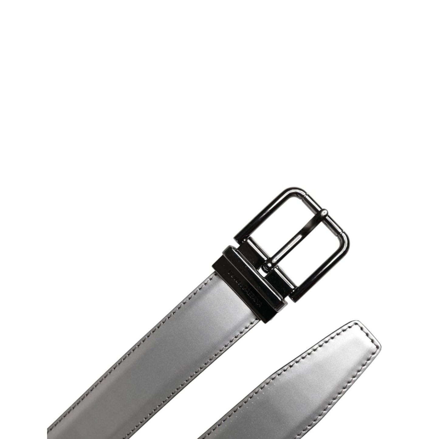 Dolce & Gabbana Silver Leather Classic Metal Logo Buckle Belt