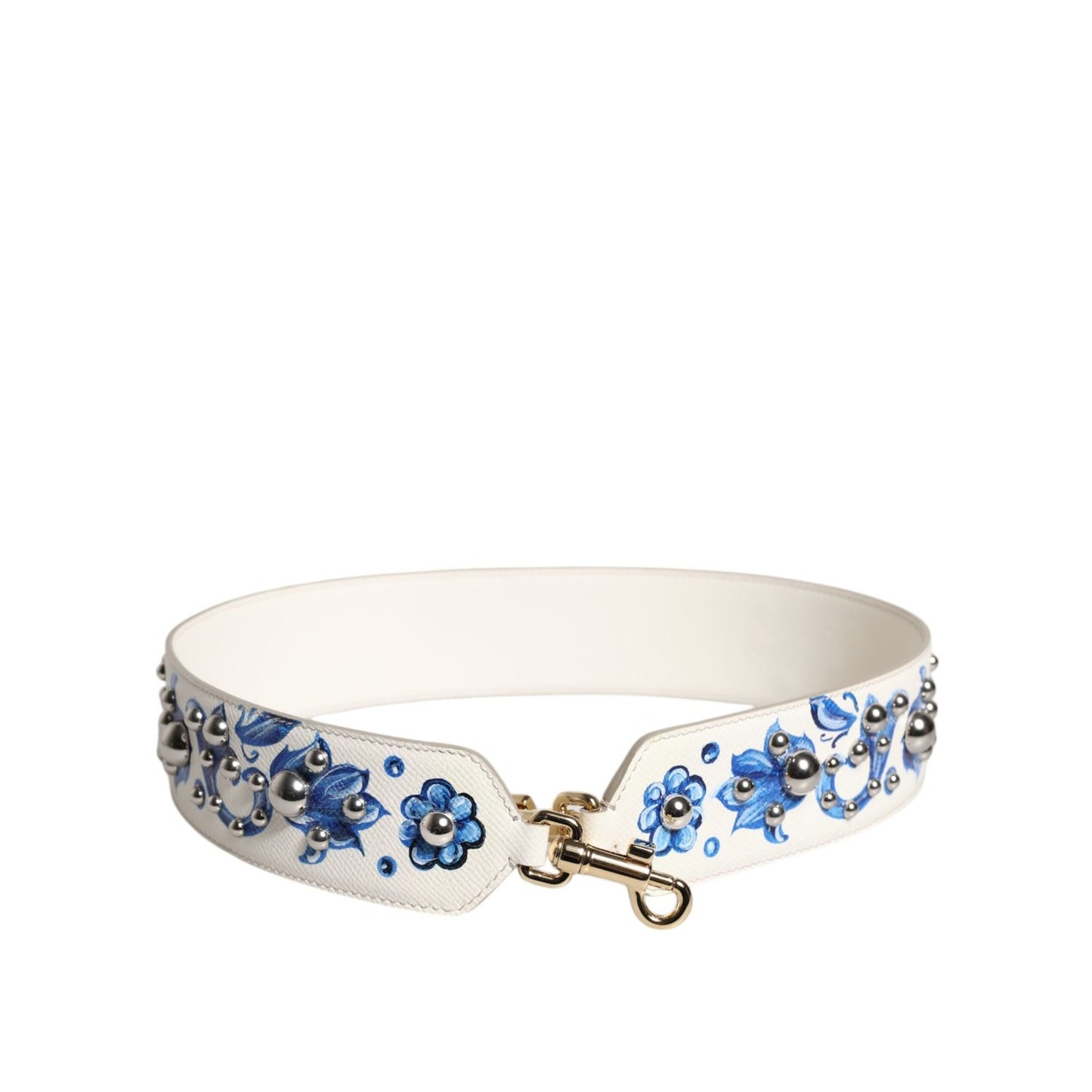 Dolce & Gabbana White Blue Floral Leather Stud Shoulder Strap
