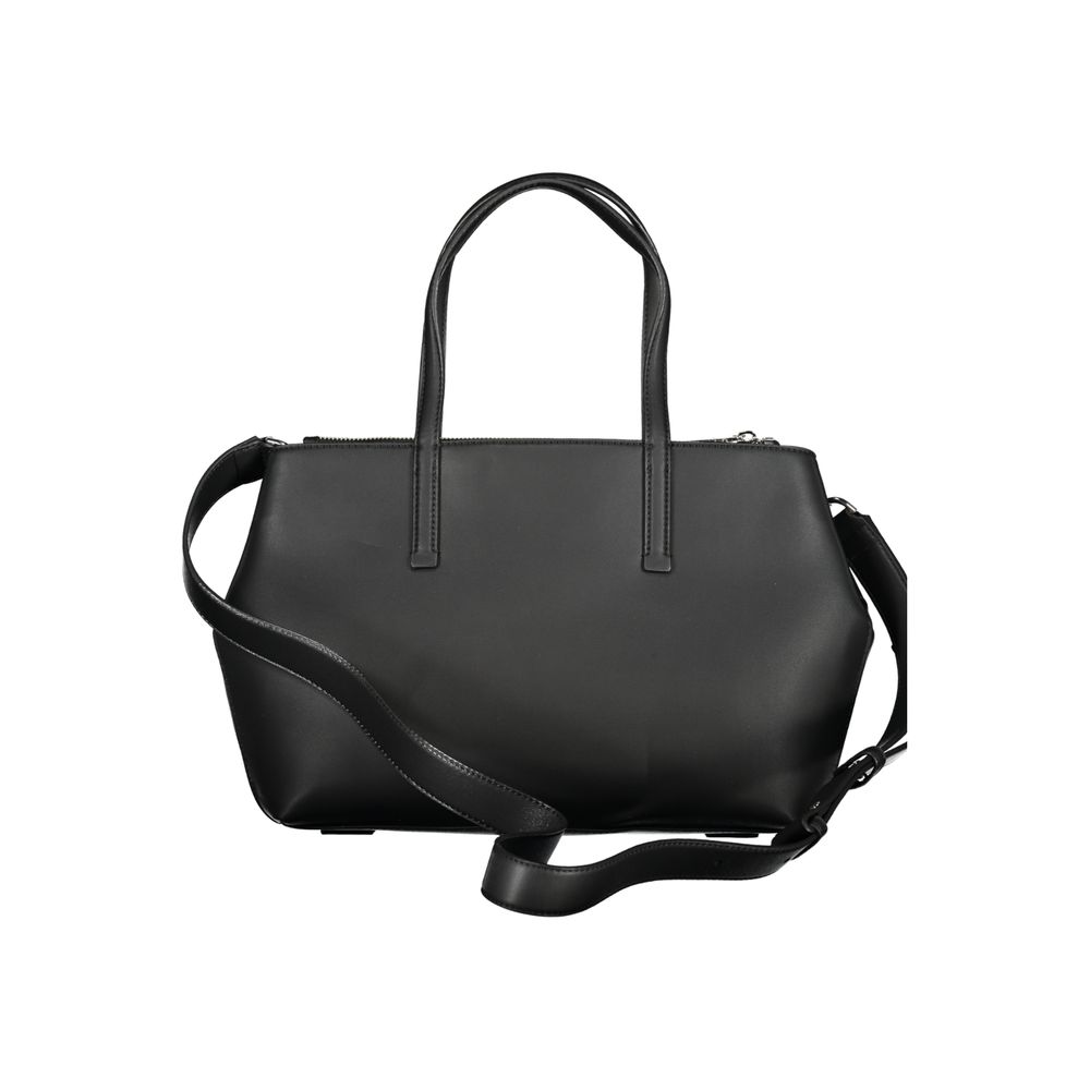 Calvin Klein Black Polyester Handbag with adjustable strap and logo, featuring dual handles and recycled polyester material.