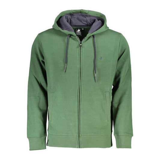 U.S. Grand Polo green hooded sweatshirt with embroidery, plush materials, long sleeves, adjustable hood, front zip, and pockets.