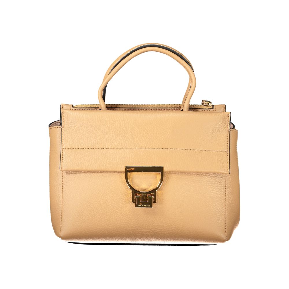 Coccinelle Brown Leather Women Handbag with dual handles and detachable strap, Italian craftsmanship, elegant design.