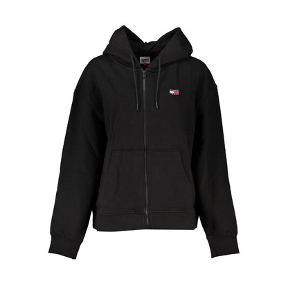 Tommy Hilfiger Black Cotton Women Sweater, hooded zip-up sweatshirt with iconic logo, featuring long sleeves and central pockets.