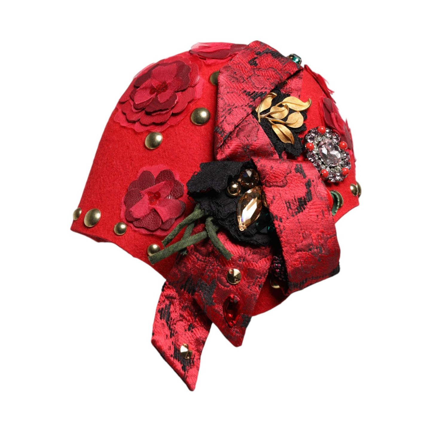 Dolce & Gabbana Red Crystal Gold Roses Brooch Embellished Hat