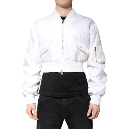 Dolce & Gabbana White Nylon Full Zip Cropped Bomber Jacket