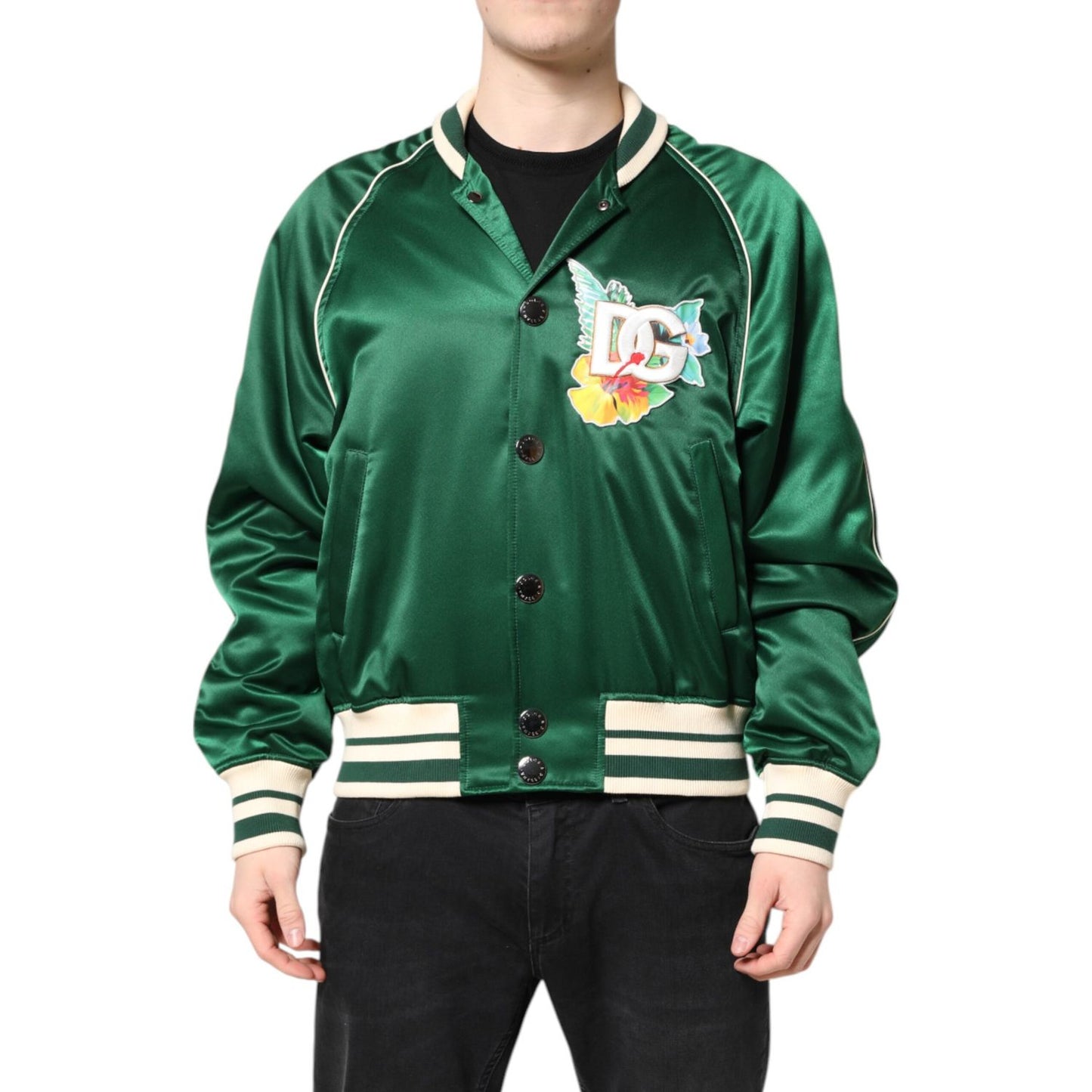 Dolce & Gabbana Green Floral DG Logo Full Zip Bomber Jacket