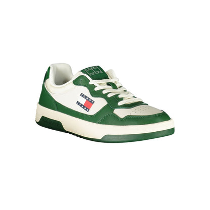 Tommy Hilfiger White Leather Men Sneaker with green accents and logo, featuring a removable insole for comfort and style.