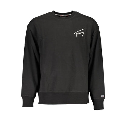 Tommy Hilfiger Black Cotton Men Sweater with logo embroidery on front, eco-friendly blend, long sleeves, and crew neck design.