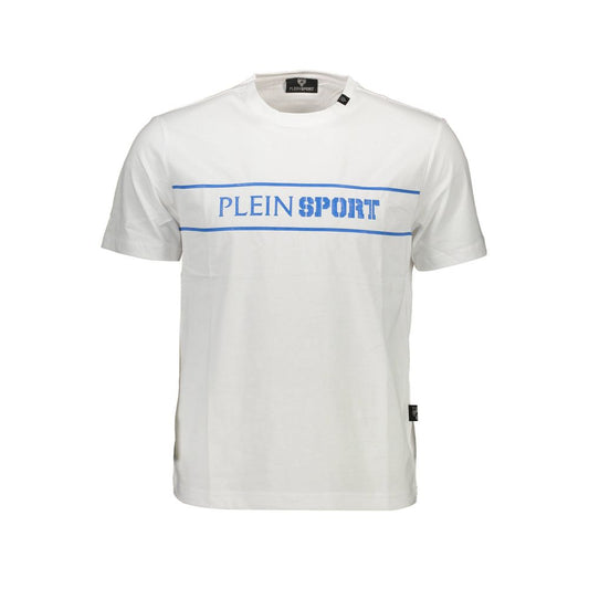 Plein Sport White Cotton Men T-Shirt with logo and contrasting print, short sleeves, edgy design for bold fashion statements.