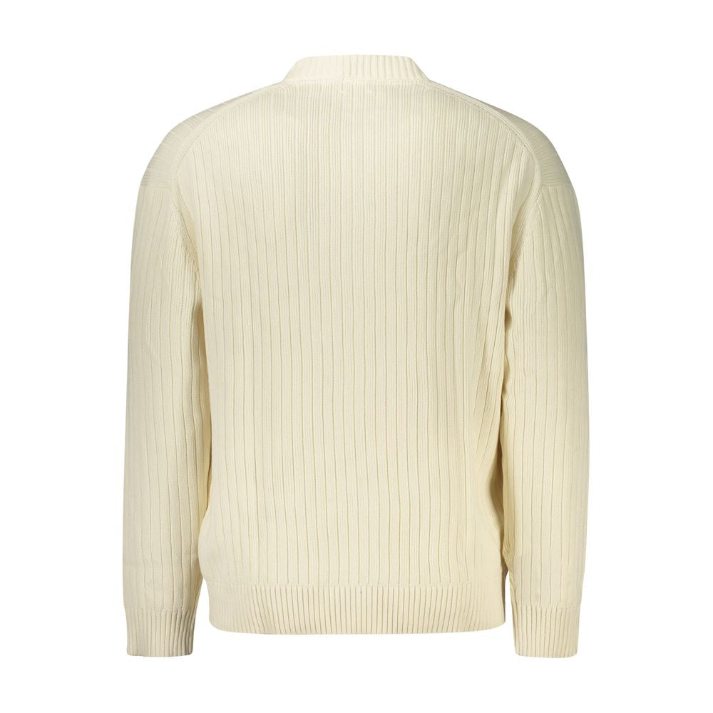 Calvin Klein White Cotton Men Sweater back view showcasing ribbed design and elegant fit.