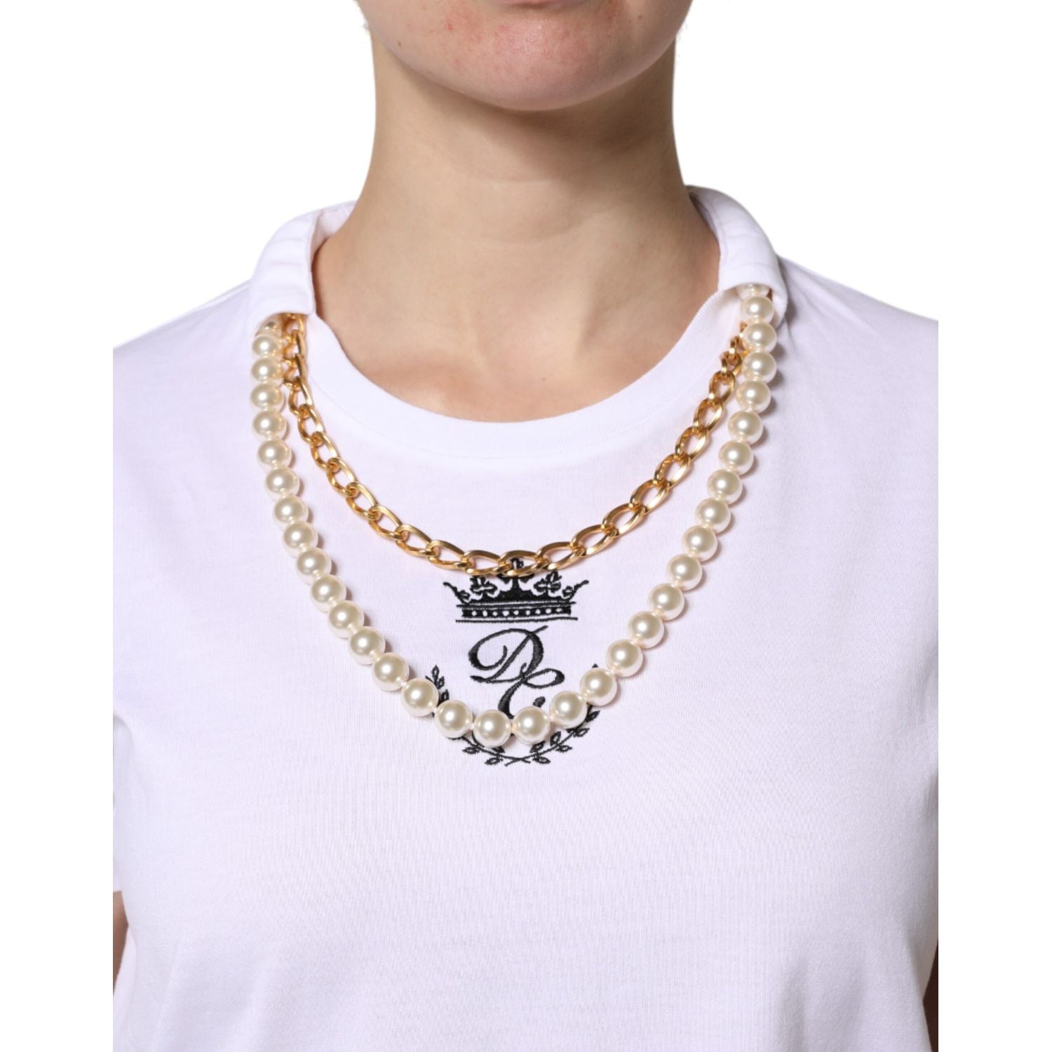 Dolce & Gabbana White Chain Pearl Cotton Round Neck T-shirt
