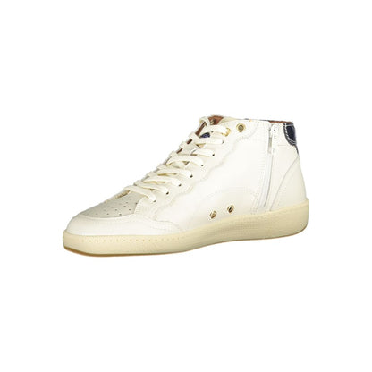 Alt Tag: Blauer White Leather Men Sneaker with side zip and laces, removable footbed, and bold logo, showcasing urban elegance.