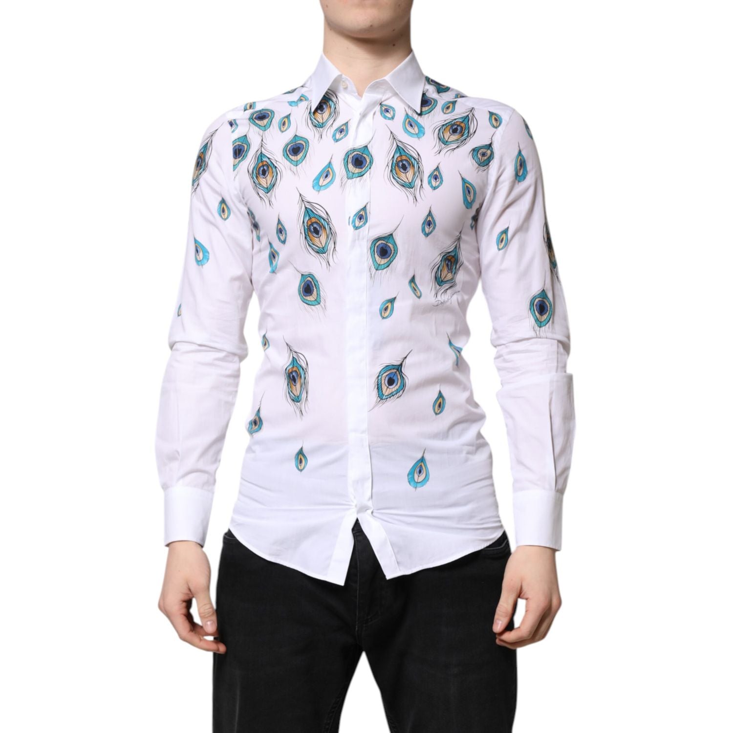 Dolce & Gabbana White Cotton Feather Print GOLD Dress Shirt
