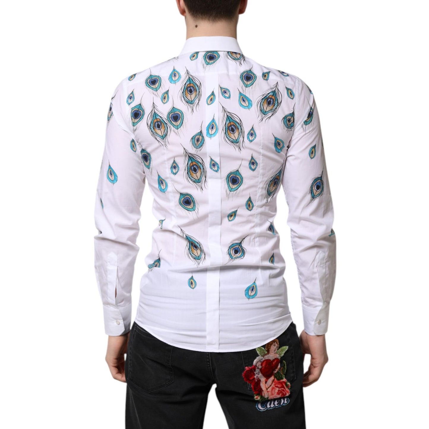 Dolce & Gabbana White Cotton Feather Print GOLD Dress Shirt