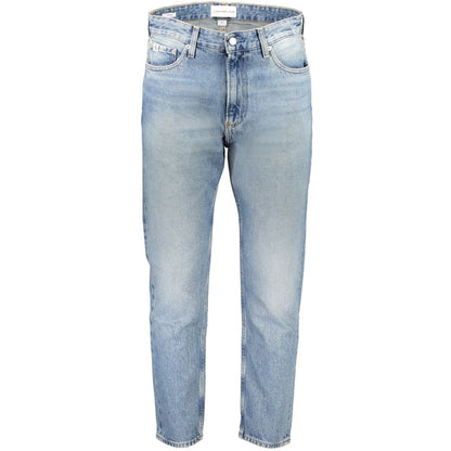 Calvin Klein Blue Cotton Men Jeans with washed effect and recycled cotton blend, featuring classic button closure and logo detail.