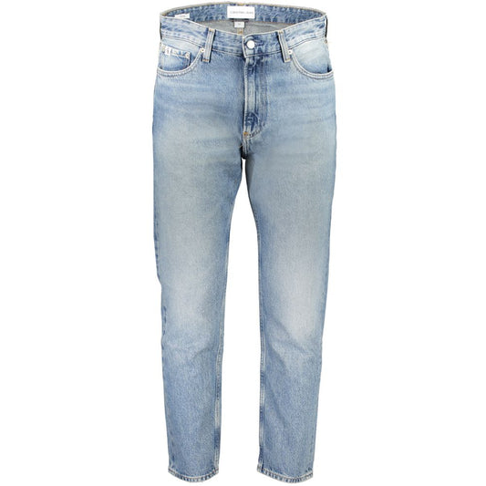 Calvin Klein Blue Cotton Men Jeans with washed effect and recycled cotton blend, featuring classic button closure and logo detail.