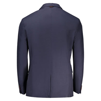 Back view of Guess Jeans Blue Cotton Men Jacket with long sleeves showcasing classic style and the iconic Guess logo.