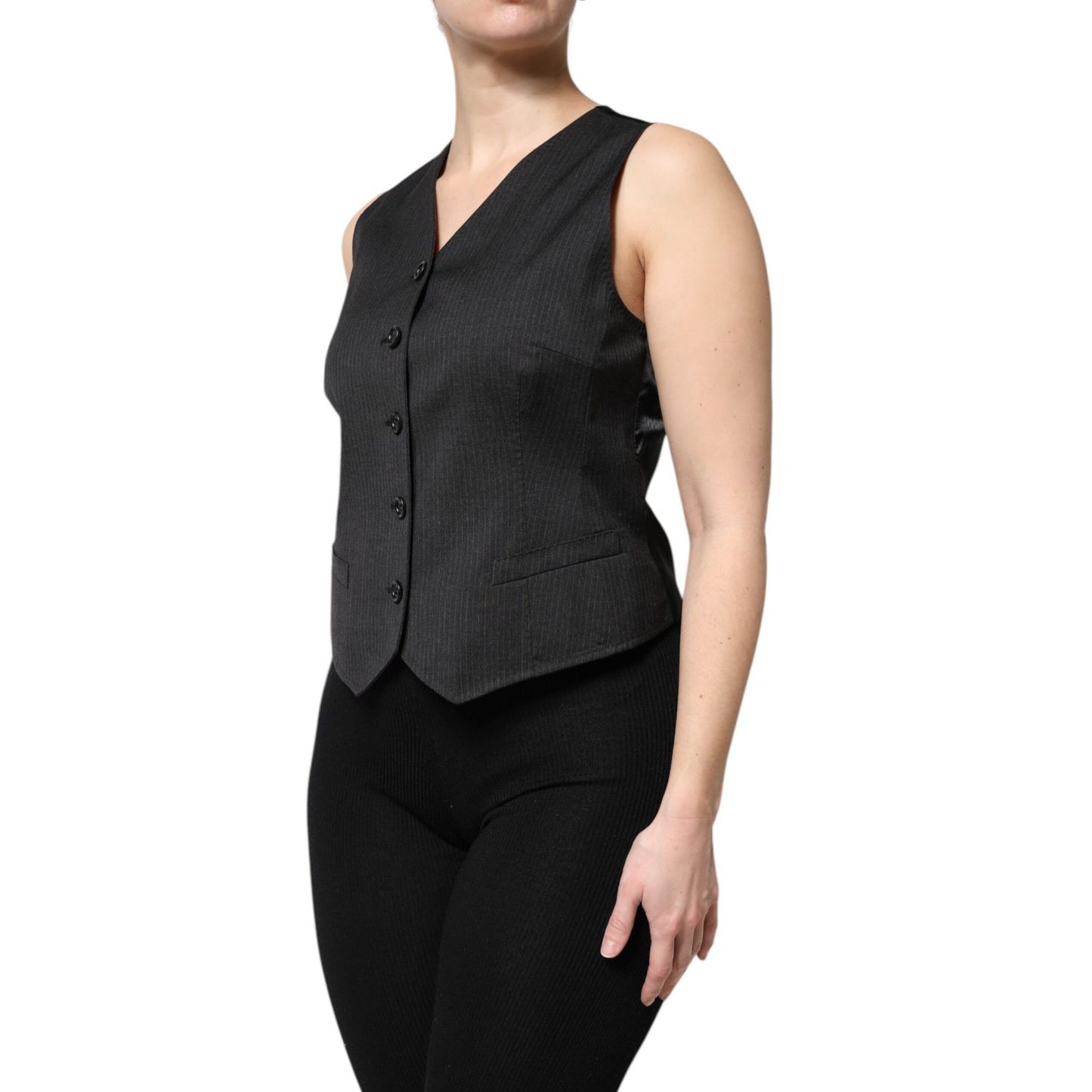 Dolce & Gabbana Black Striped Button Down Sleeveless Vest Top