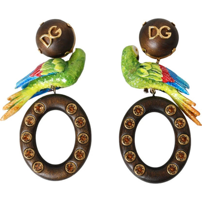 Dolce & Gabbana Multicolor Parrot Wood Brass Crystal Embellished Earrings