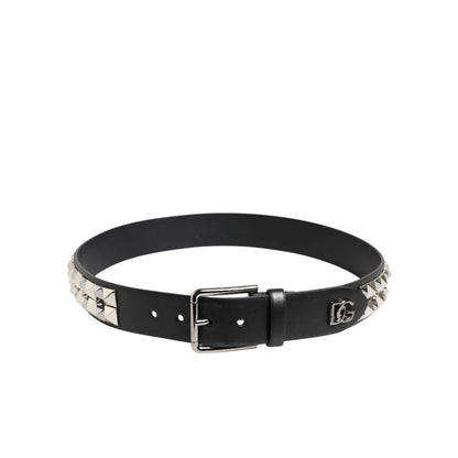 Dolce & Gabbana Black Calf Leather Studded Silver Buckle Belt