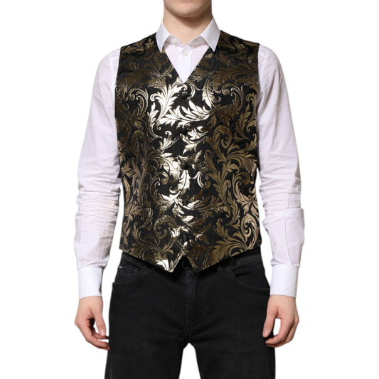 Dolce & Gabbana Black Gold Jacquard Formal Men Waistcoat Vest