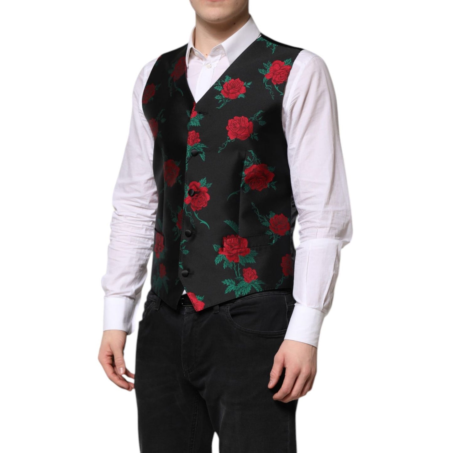 Dolce & Gabbana Red Floral Brocade Formal Men Waistcoat Vest