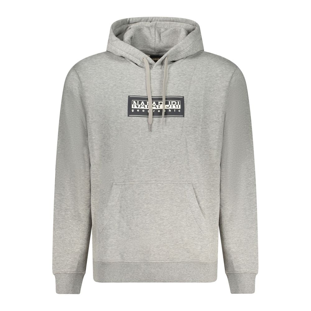 Napapijri Gray Cotton Men Sweater - Long sleeve gray hoodie with central pocket and logo design, combining comfort and style.