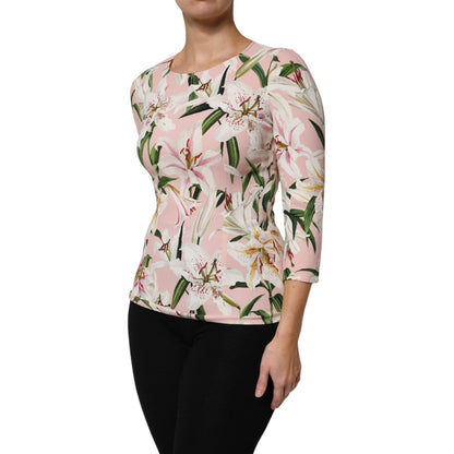 Dolce & Gabbana Pink Lily Print Viscose Round Neck Blouse Top